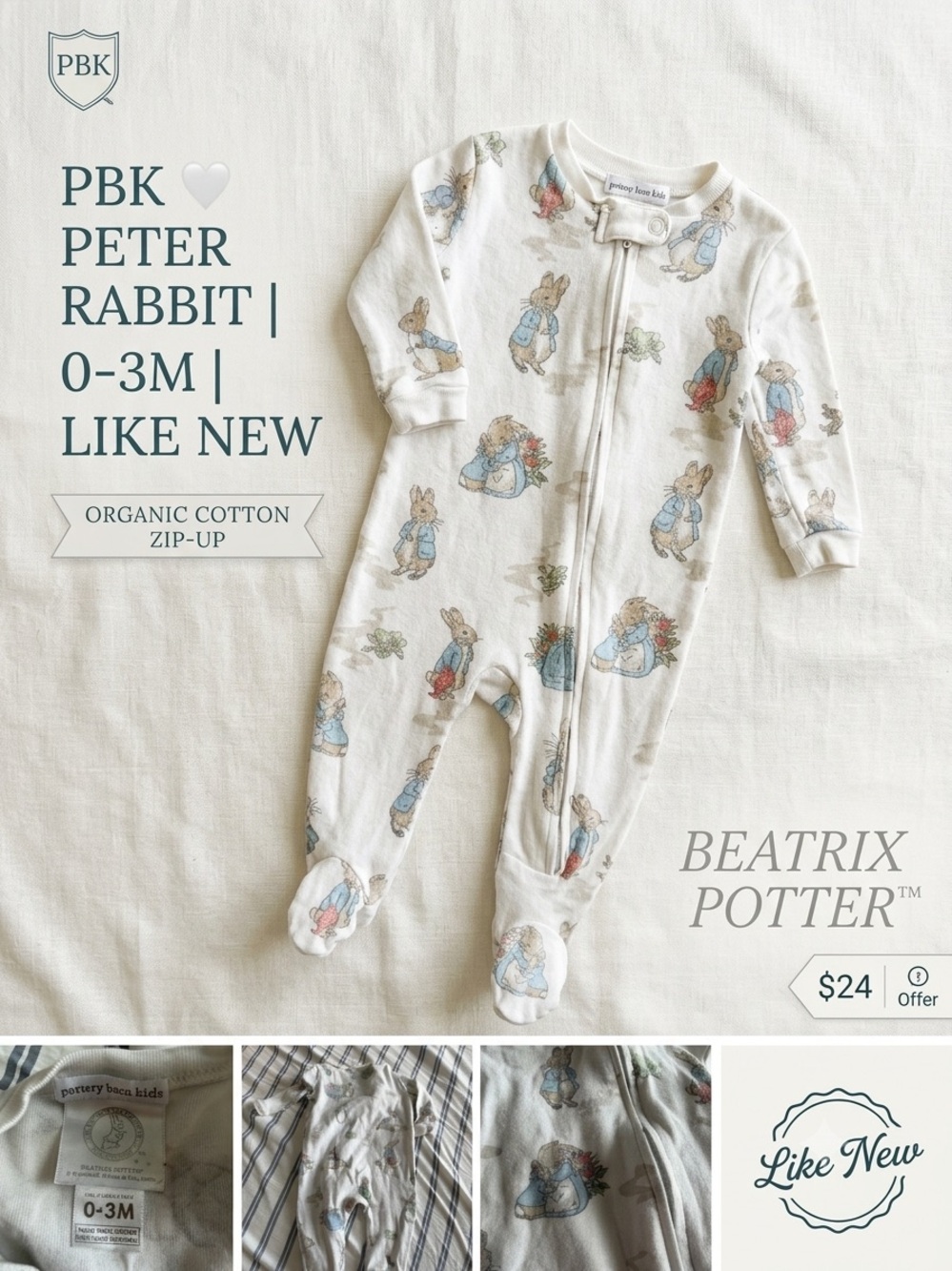 Pottery Barn Kids Beatrix Potter Peter Rabbit Footed Pajama Sleeper 0-3M
